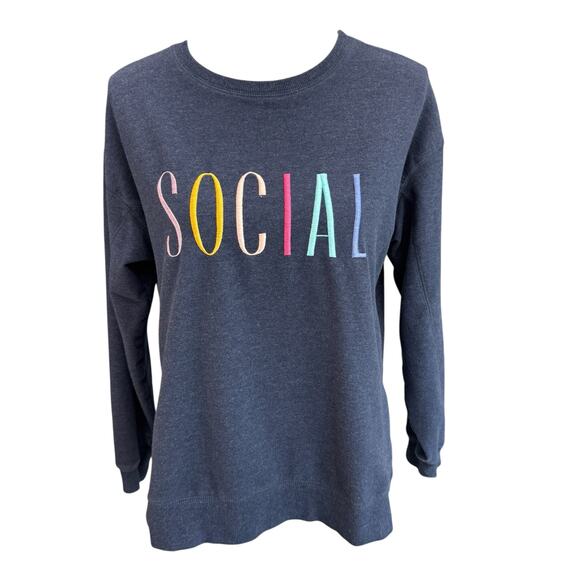 WILDFOX French Terry Sweatshirt Size M Embroidery Split Hem Soft Comfy Navy Blue - Picture 2 of 10